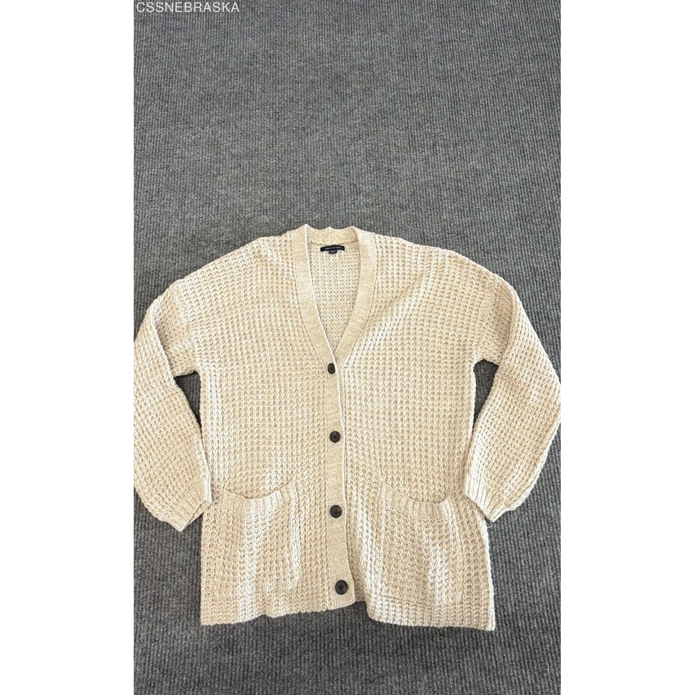 American Eagle Cream Waffle Knit Cardigan Sweater Womens V-Neck Pockets - SizeXL